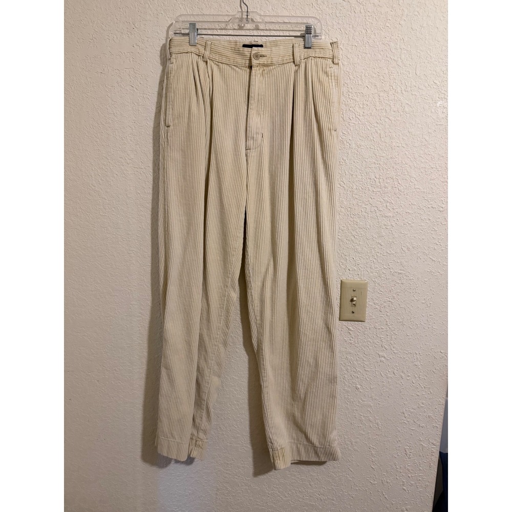 Gant Mens Wide Wale Corduroy Pleated Trousers Cream Beige 34x32 Vintage Preppy